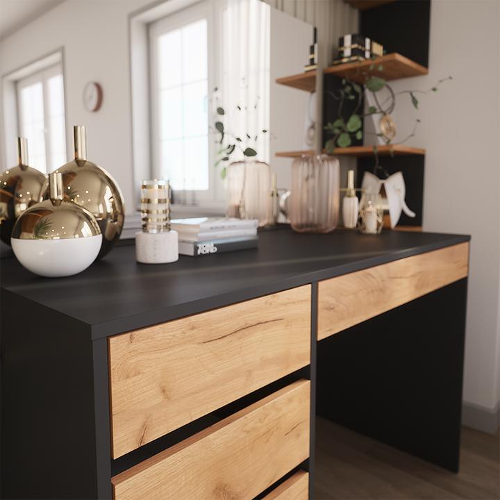 Actual product image Vicco Dressing table Sherry, Anthracite/golden oak, 120 x 75 cm with LED mirror and stool (120 x 75 x 55 cm)