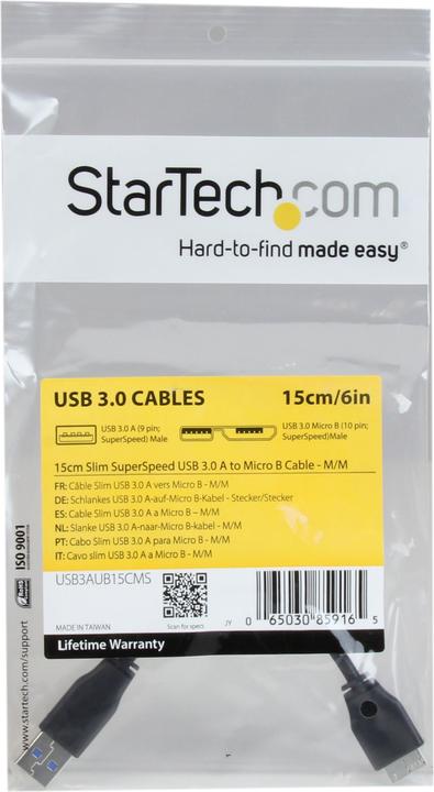 Produktbild StarTech 15cm schlankes SuperSpeed USB 3.0 A auf Micro B Kabel - St/St - USB 3.0 Anschlusskabel - Schwarz (0.15 m, USB 3.2 Gen 1)