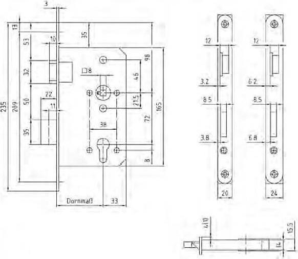 Produktbild Universal Textiles Objekt-Einsteckschloss PZ 20mm Stulp rund DINR K3 (Einsteckschloss)