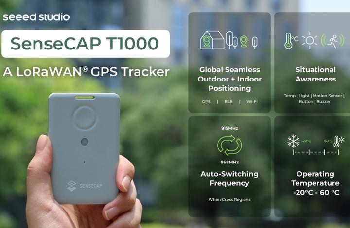 Actual product image Seeed Studio SenseCAP LoRaWAN GPS Tracker T1000-A with sensors