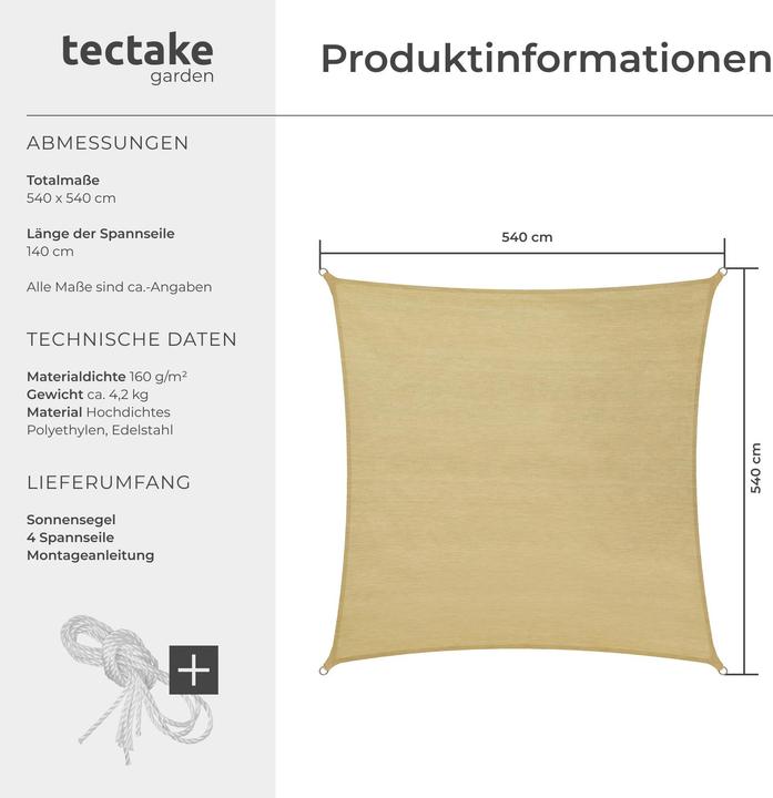 Produktbild tectake Sonnensegel (540 x 540 cm)