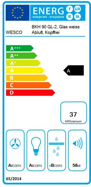 Energie-Label Berbel Kopffreihaube Glassline BKH 90 GL-2 Glas weiss Abluft (4011574-010)
