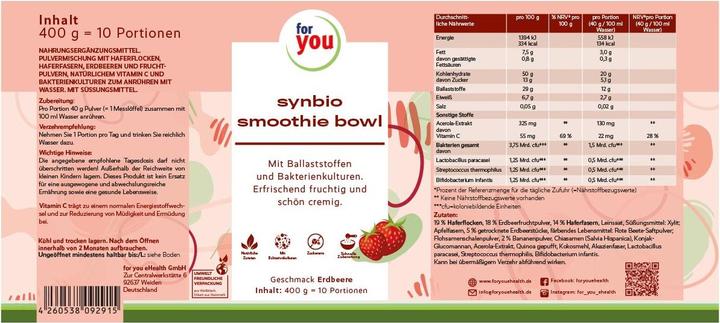 Nutritional values and ingredients For You smoothie bowl strawberry (10 Piece, 400 g)