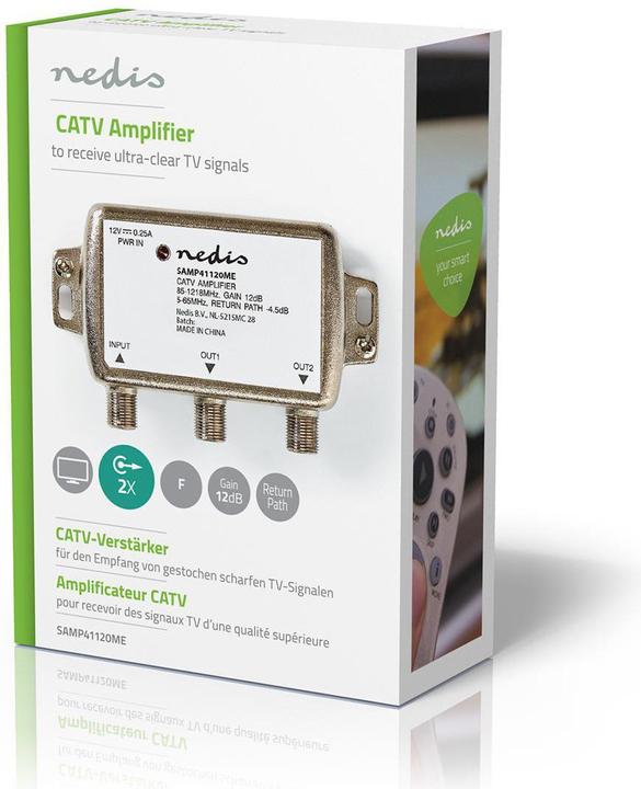 Actual product image Nedis SAMP41120ME CATV amplifier Gain: 12 dB 85-1218 MHz Number of outputs: 2 Return path Silb (Power supply)