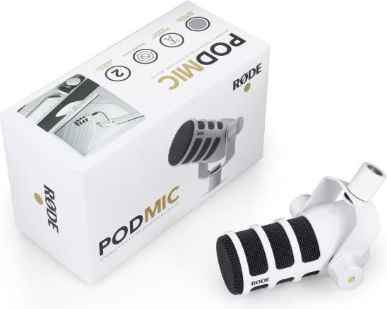 Produktbild RØDE Podmic Podcast-Mikrofon Weiss mit Gelenkarm WH