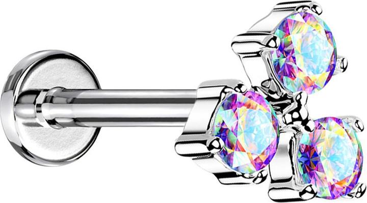 Star Piercing Micro Labret Innengewinde silber drei Kristalle multicolor (Messing, Chirurgenstahl 316L)