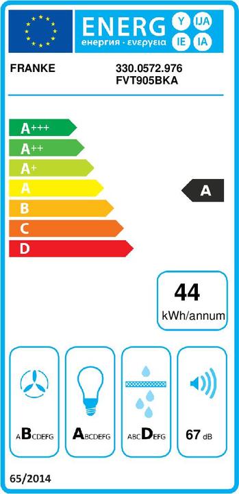 Label énergétique Franke FVT905BKA Hotte aspirante murale 90cm (Hotte murale)