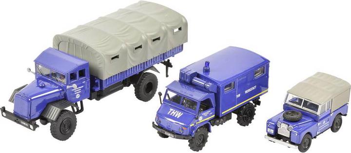 Actual product image Schuco 452656000 H0 Land Rover, Mercedes Benz set of 3 THW, Land Rover, Unimog 404, MB LG 315