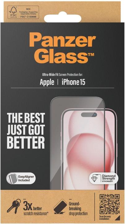 Productafbeelding PanzerGlass Screen Protector iPhone 2023 6.1 Ultra-Wide Fit w. EasyAligner (1 Stuk, Apple iPhone 15)
