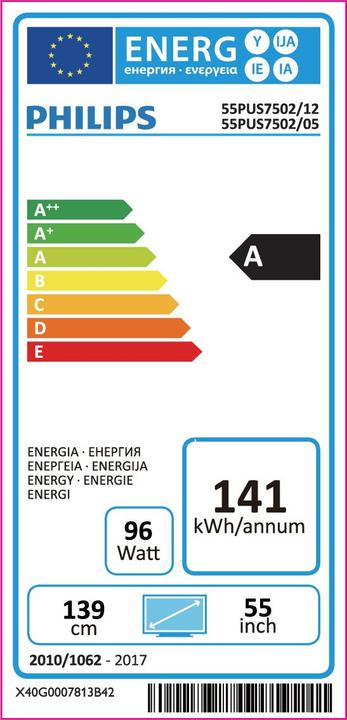 Etichetta energetica Philips 55pus7502/12 (55", LCD, 4K, 2017)