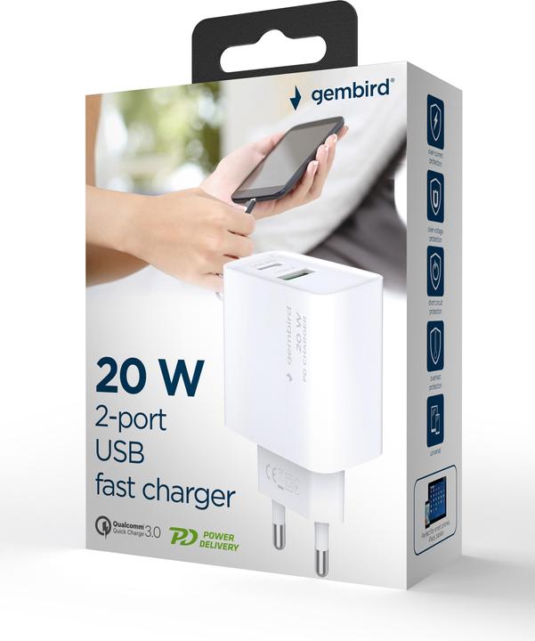 Produktbild Gembird Ładowarka PowerDelivery USB-A USB-C 20W Biała (20 W)