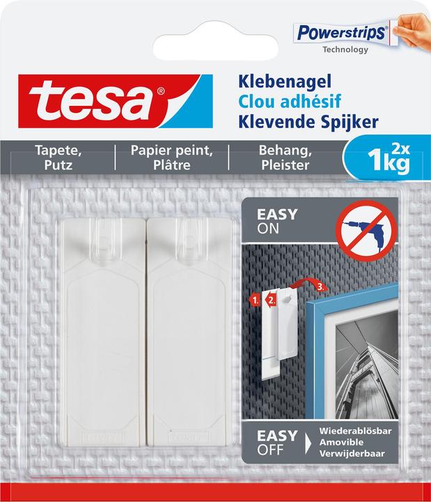 tesa Klebenagel für Tapete & Putz, 1kg Halteleistung, spurlos ablösbar & wiederverwendbar, 2 Nägel