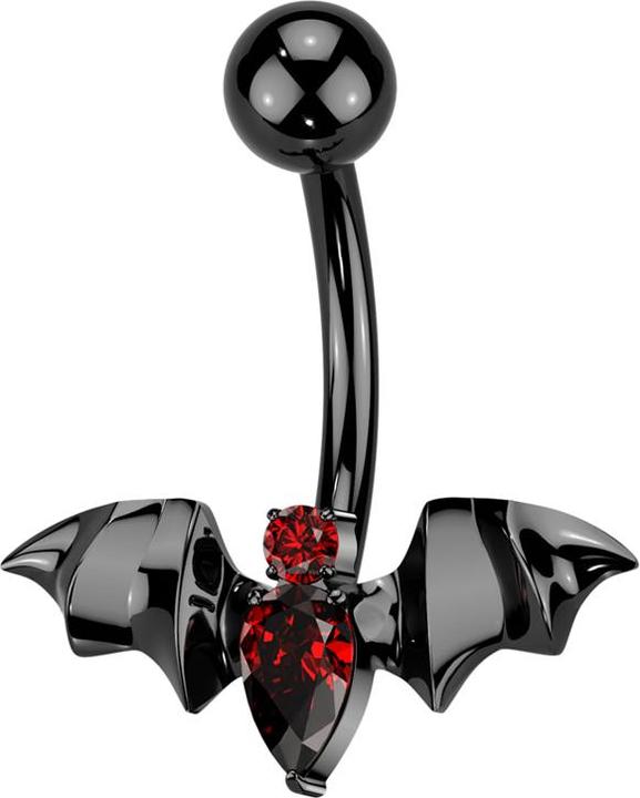 Actual product image Star Piercing Banane Innengewinde schwarz mit Kugel schwarz und Fledermaus Kristalle rot (Titanium)