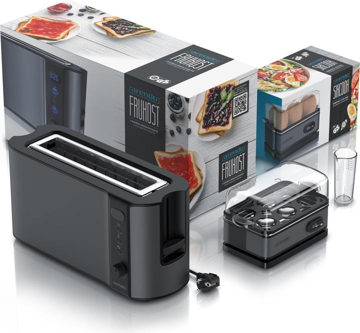 Produktbild Arendo Frühstücks Set, 2-Scheiben Langschlitz Toaster mit Brötchenaufsatz & Eierkocher für 6 Eier, Grau (EU-Stecker)