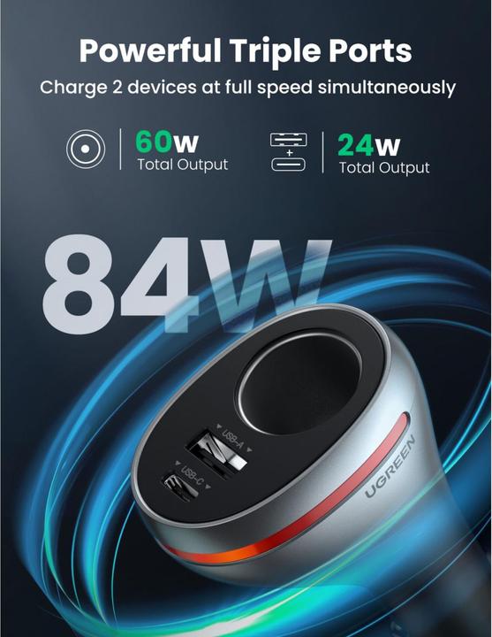Actual product image Ugreen CD204 Car charger with 12V cigarette lighter socket