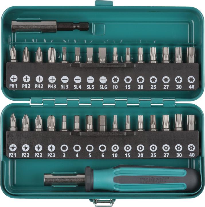 Produktbild wolfcraft wolfcraft 1 Standard Bit-Set 32-tlg. (Kreuz Phillips PH M1, Kreuz Phillips PH M2, Kreuz Pozidriv PZ M1, Kreuz Pozidriv PZ M2, Kreuz Phillips PH M3, Kreuz Pozidriv PZ M3, Innensechsrund TX mit Loch M10, Innensechsrund TX Mit Loch M15, Innensechsrund TX mit Loch M20, Innensechsrund TX Mit Loch M25, Innensechsrund TX mit Loch M27)
