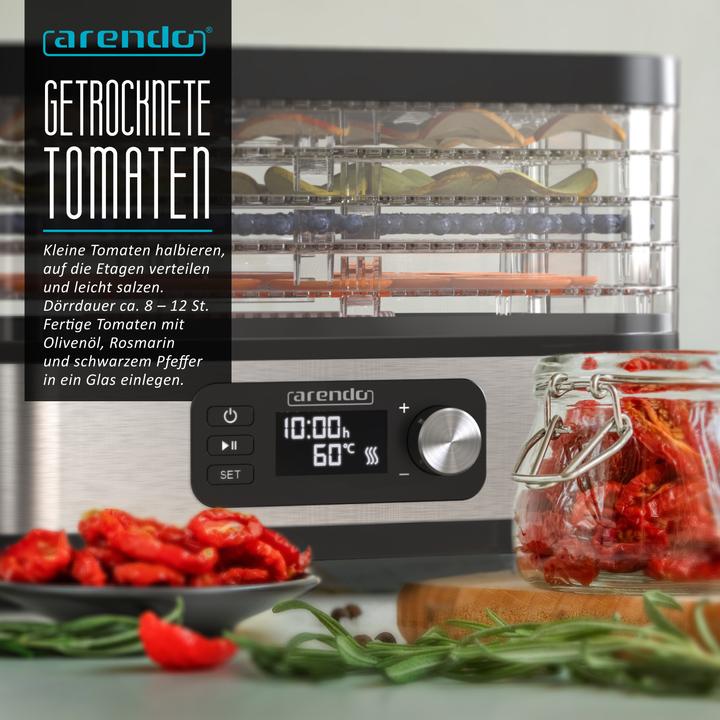 Actual product image Arendo Dörrautomat mit Temperaturregler, 5 Etagen, 35-70°C, Edelstahl, Dörrgerät 400 W, Timer 24h, BPA-frei