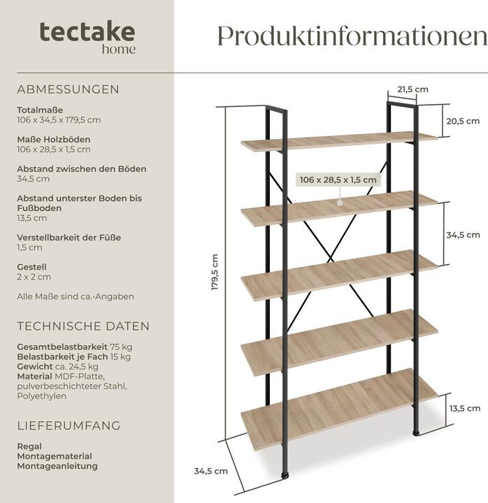 Produktbild tectake Regal Glasgow (106 x 34.5 x 179.5 cm)