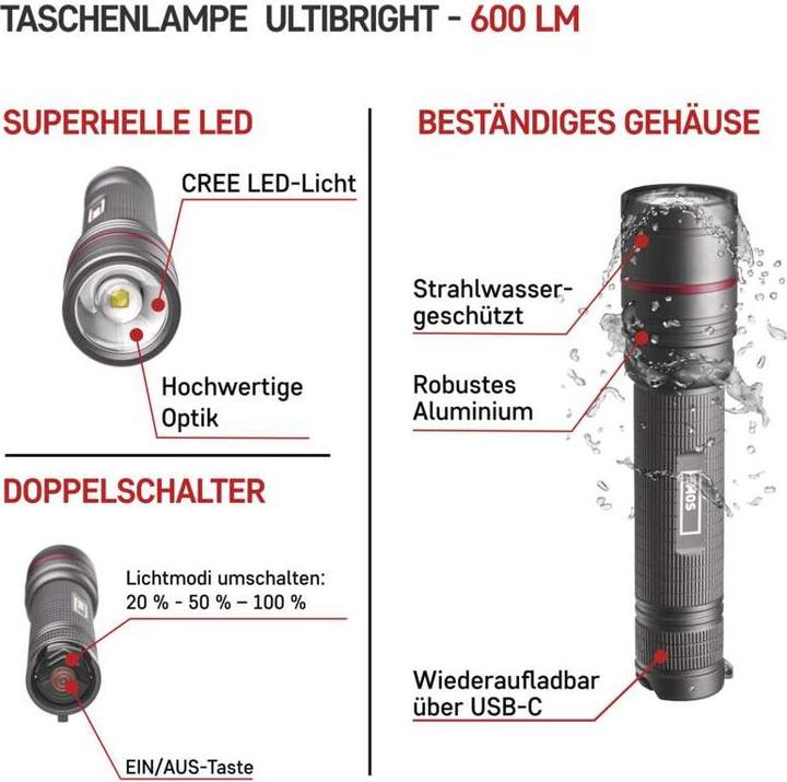 Image du produit Emos CREE LED Lampe de poche métallique rechargeable Ultibright 80, 600lm (15.10 cm, 600 lm)
