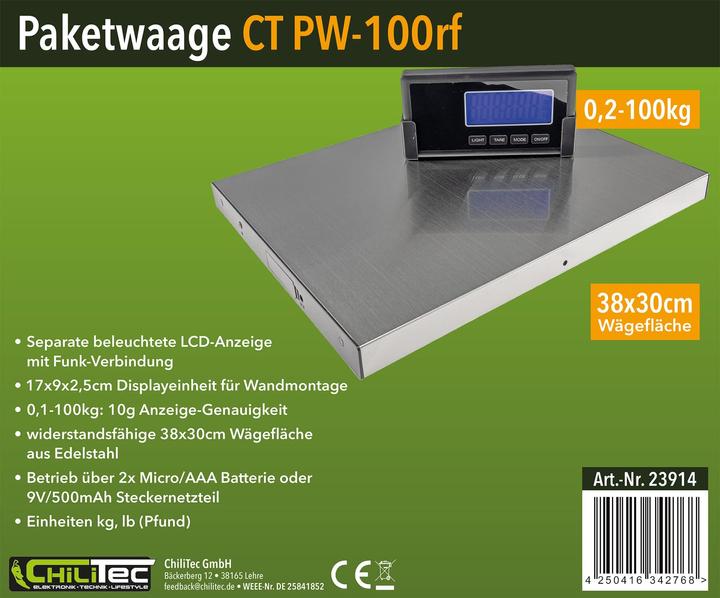 Image du produit Chilitec Balance pour colis / expédition CT PW-100rf, 0,1...100 kg, 38x30 cm