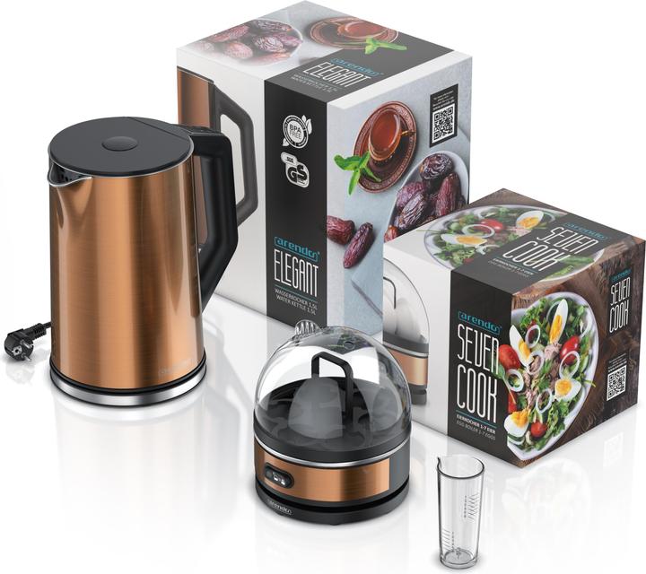 Produktbild Arendo Frühstücks Set Edelstahl Wasserkocher 1,5l mit Temperatureinstellung & Eierkocher für 7 Eier, Kupfer
