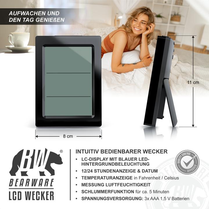 Produktbild Bearware Wecker digital, Reisewecker, Temperaturanzeige, Temperatur Luftfeuchte, 2 Alarme, Netzteil+Akku