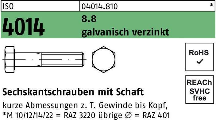 Produktbild Sechskantschraube ISO 4014 m.Schaft M 24 x 210 8.8 galvanisch verzinkt (1 Schrauben pro Stück)