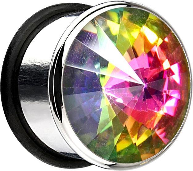 Star Piercing Flared Plug mit grossem Kristall farbig (Chirurgenstahl 316L)