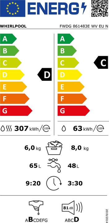 Energy Label Whirlpool FWDG 861483E WV EU N Washer Dryer Freestanding Front Loader D (6 kg, Left)