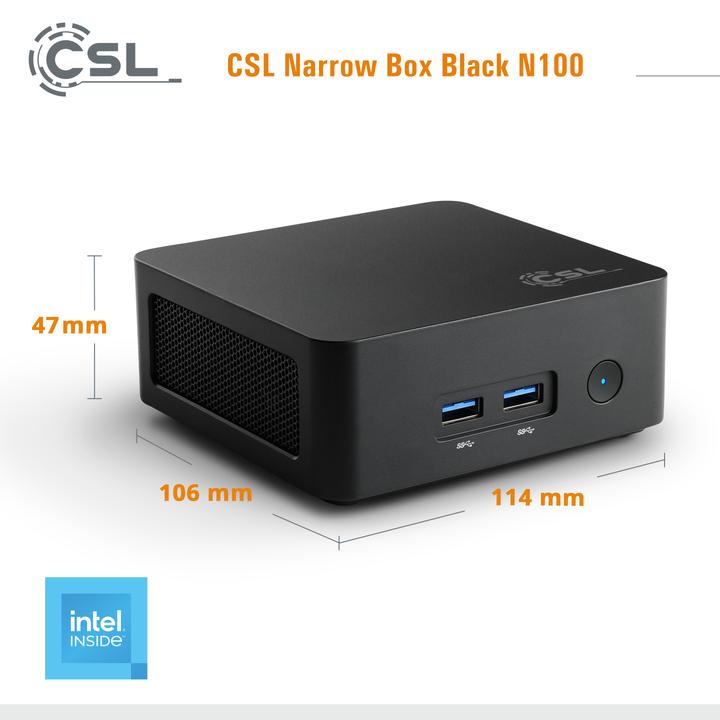 Actual product image CSL Mini-PC Narrow Box Black / 16GB / 500 GB M.2 SSD / Win 11 Pro (Intel N100, 16 GB, 500 GB, Intel UHD Graphics)