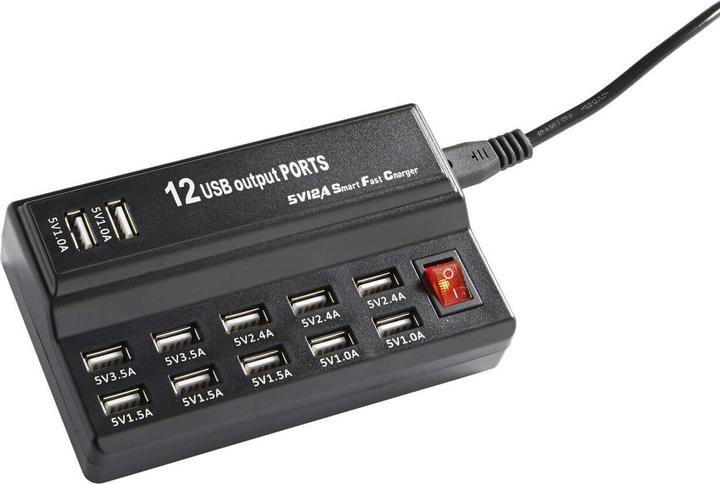 Produktbild Fabas Luce USB Mehrfach Ladegerät, 12 Ports, mit Schalter Zubehör 35x80mm Schwarz (45 W)
