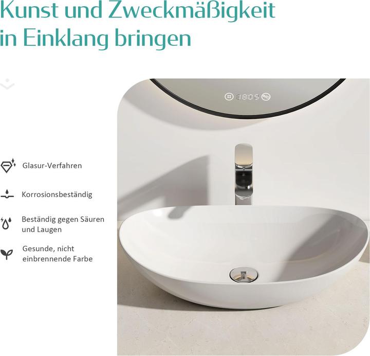 Produktbild Emke Aufsatzwaschbecken Ovales Waschbecken Keramik Waschbecken Waschtisch Weiss Glänzend 350x 270 x 1 (270 mm, 350 mm)