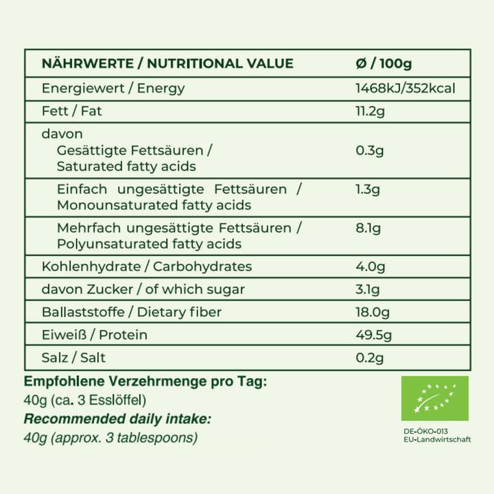 Nährwerte und Zutaten Green Passion Bio-Hanfproteinpulver (450 g)