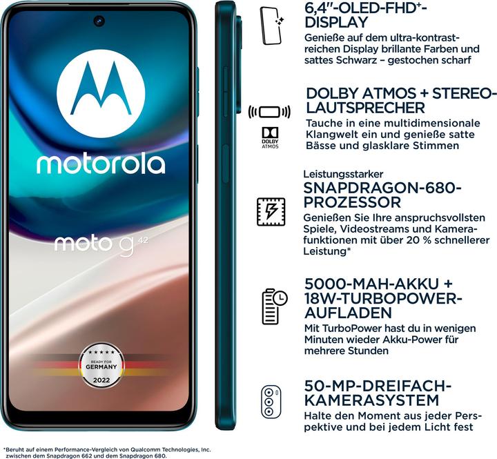 Actual product image Motorola Moto G42 (64 GB, Atlantic Green, 6.40", Dual SIM, 50 Mpx, 4G)