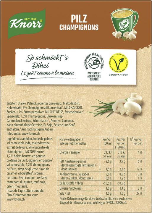 Valeurs nutritives et ingrédients Knorr Quick Soup Champignon, soupe de champignons & herbes, soupe fine & crémeuse, vite préparée