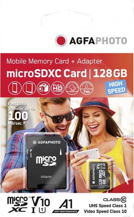 Produktbild AGFAPHOTO MicroSDXC UHS-I 128GB High Speed Class 10 U1 V10 (128 GB, microSDXC, U3, UHS-I)