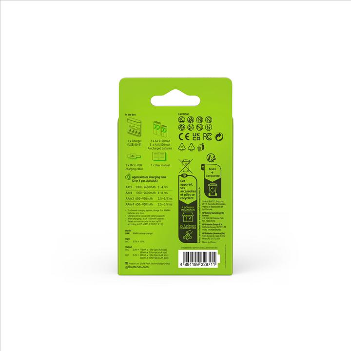 Actual product image GP Batteries GP Recharge Battery Charger, B441 (USB), incl. 2 x AA 2100 mAh + 2 x AAA 800 mAh Batteries (4 pcs., AAA, AA, 2100 mAh, Battery + charger)