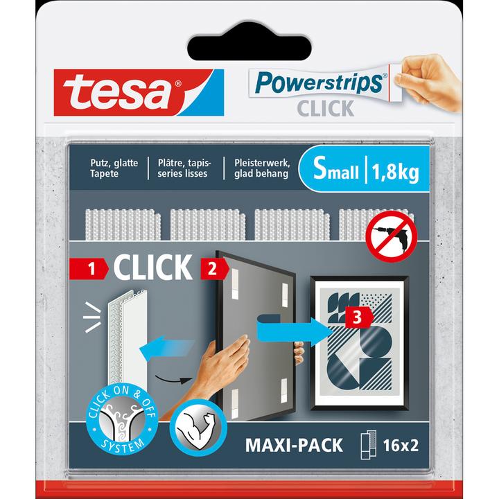 Produktbild tesa Powerstrips CLICK - Klett-Klebepads - Bilder aufhängen ohne Bohren - Small 1,8kg - 16 x 2 Stück (1.80 kg)