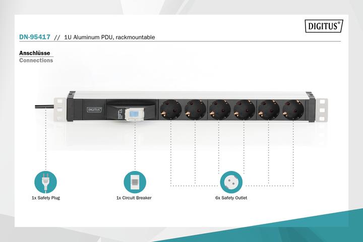 Image du produit Digitus Multiprise en aluminium, 6x avec disjoncteur de protection (6 x, CEE 7/3, 1.80 m)
