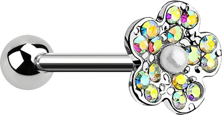 Star Piercing Micro Barbell silber mit Kugel und Blume mit Perle weiss (Chirurgenstahl 316L, Messing)