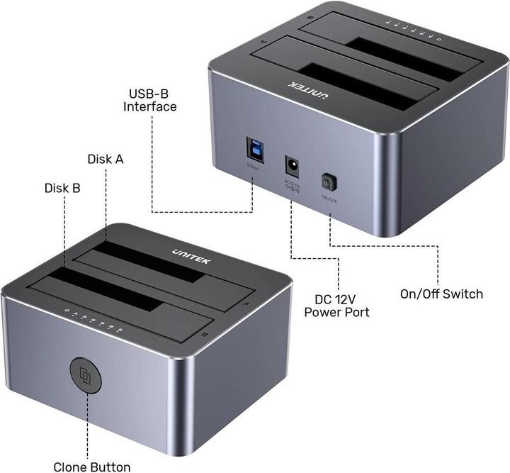 Image du produit Unitek Y-3026GY01-UE Station de clonage de disques 2 x SATA 2 5 /3 5 USB 5Gbps (USB-B, 2 Ports)