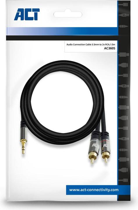 Productafbeelding 1,5 meter hoge kwaliteit audio verbindingskabel 1x 3,5 mm stereo jack male - 2x RCA male (1.50 m, 3,5 mm aansluiting (AUX))