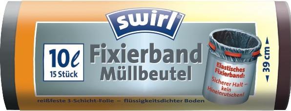 Swirl Mlleimerbeutel, mit Fixierband, schwarz, 10 Liter (15 x, 10 l)