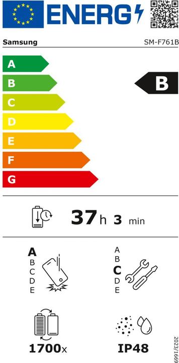 Label énergétique Samsung Galaxy Z Flip7 FE (256 Go, Blanc, 6.70", Double SIM, 50 Mpx, 5G)