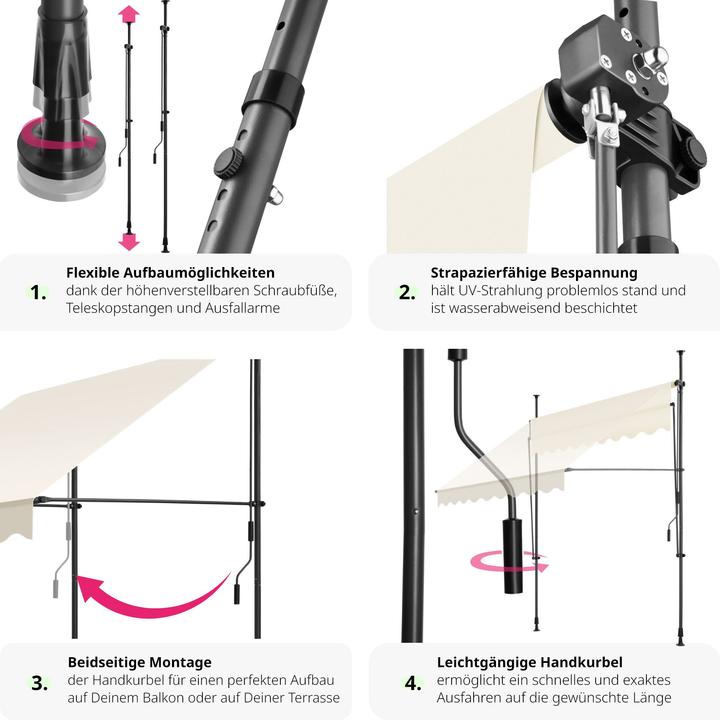 Produktbild tectake Klemmmarkise mit Handkurbel, höhenverstellbar (2 m)