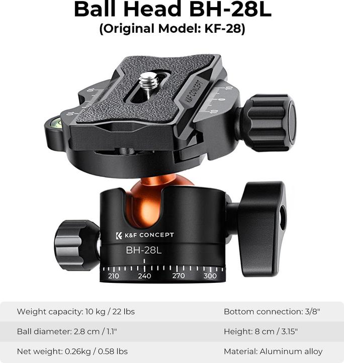 Image du produit K&F Concept T254A4+BH-28L Trépied en alliage d'aluminium et de magnésium (Métal)