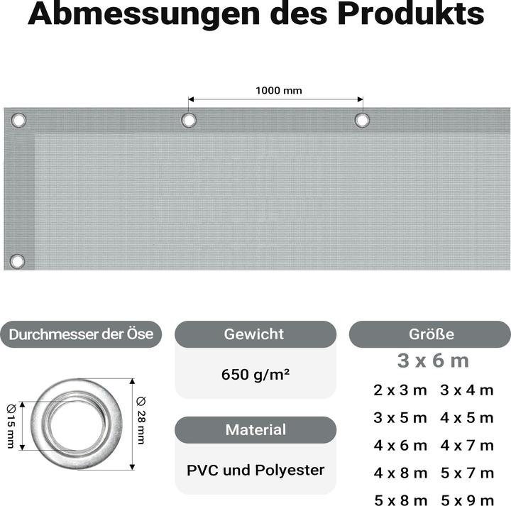 Produktbild Wiltec Abdeckplane wetterfest grau 3x6m Polyester Plane Ösen 650g/m² Gartenplane (3 x 6 m)