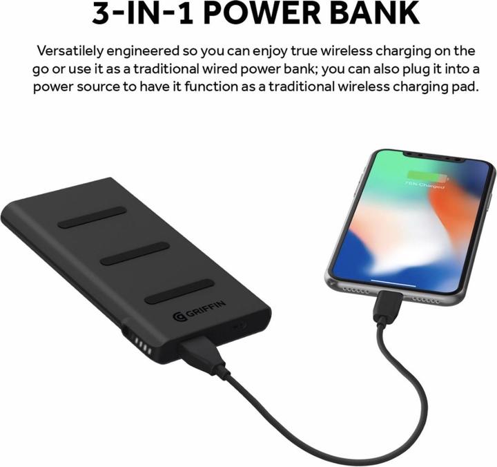 Actual product image Griffin Wireless Charging Power Bank USB-A/ USB-C Port Black (5000 mAh, 10 W, 18.50 Wh)