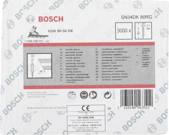 Nährwerte und Zutaten Bosch Professional Zubehör D-Kopf Streifennagel SN34DK 80RG, 3,1 mm, 80 mm, verzinkt, gerillt