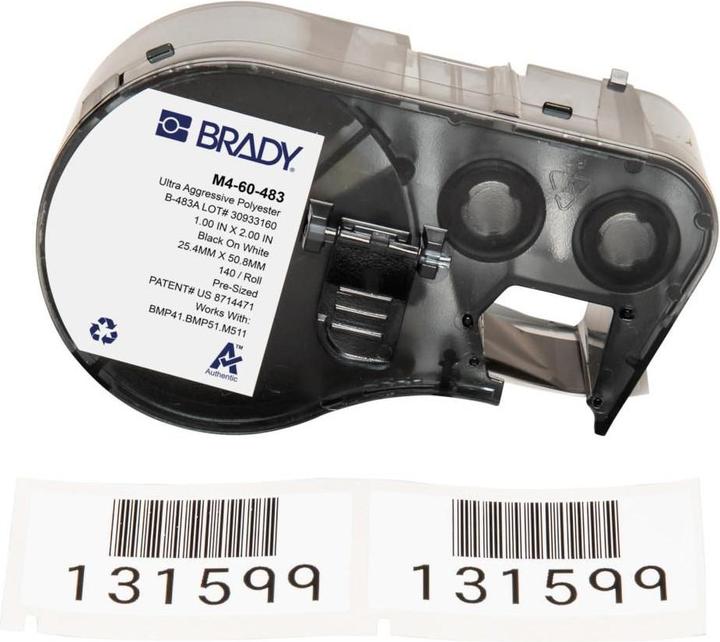 Image du produit Brady M4-60-483, polyester, noir sur blanc, brillant, 25.40 x 50.80 mm, adhésif extra fort (140